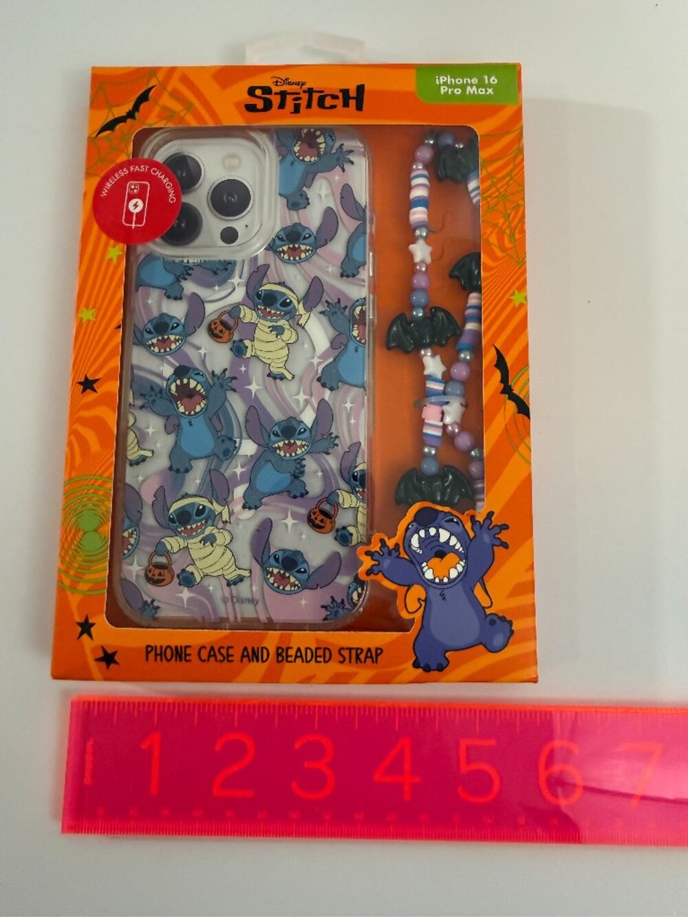 Disney's Stitch iPhone 16 Pro Max phone case with beaded strap- Halloween style